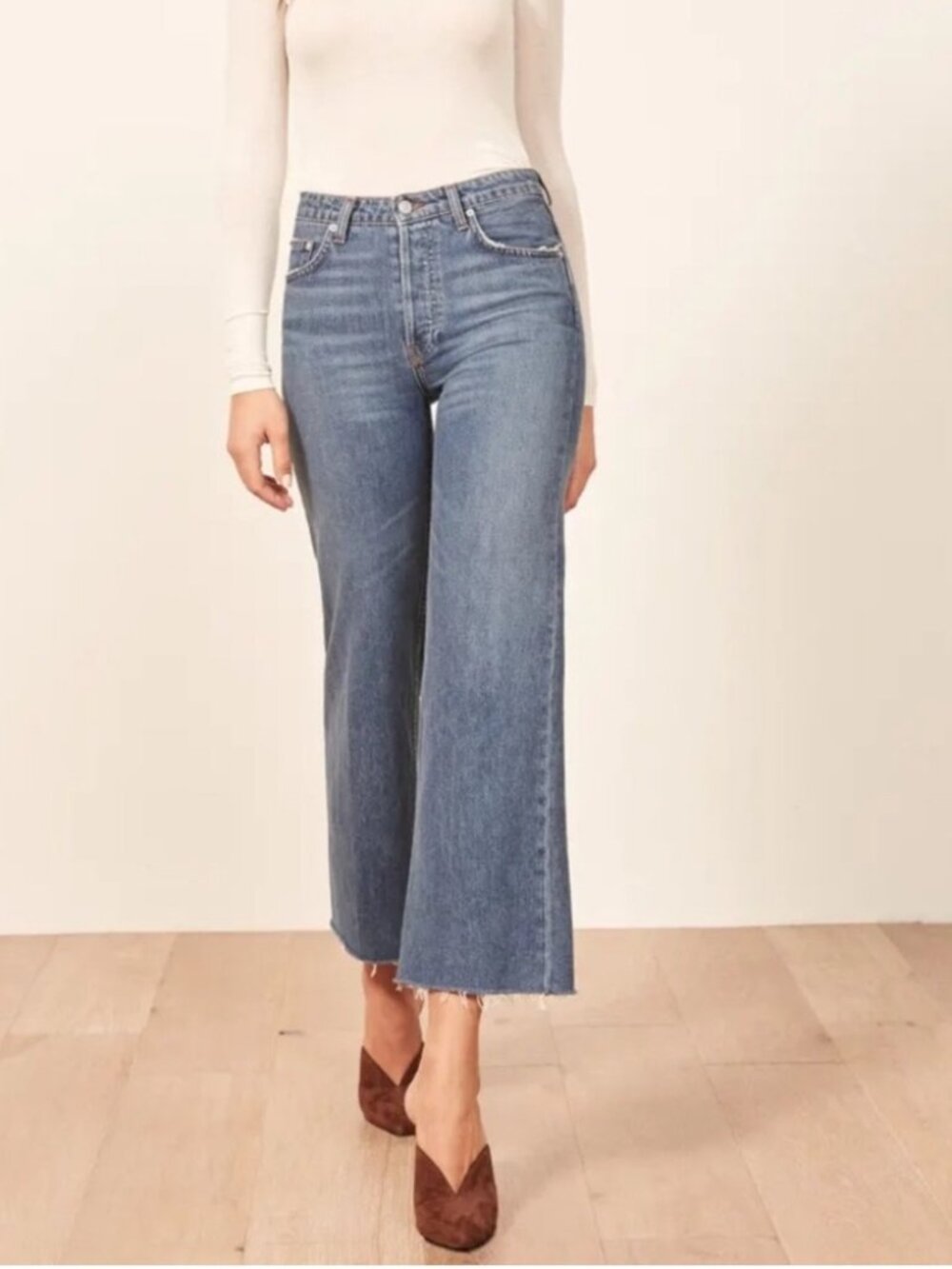 Reformation Fawcett Petite Wide Leg Crop Raw Hem Jeans in Celtic Size 27P